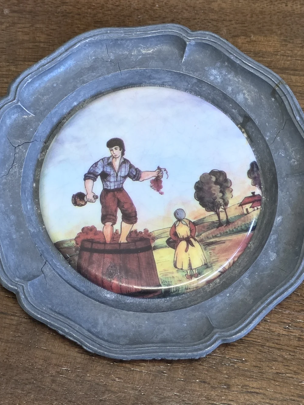 Vintage Pewter Folk Art Wall Plaques Set of 4 Peasant Farm Scenes Cottage Decor